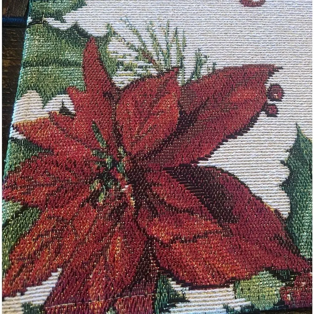 Bless This Home Christmas Poinsettia Tapestry Table Runner 13x70 Cream Red NWT